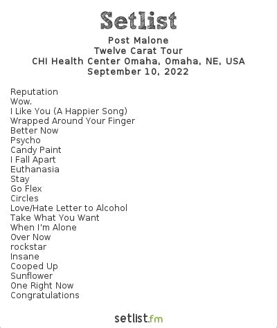 Use this setlist for your event review and get all updates automatically Get the Post Malone Setlist of the concert at Heritage Bank Stadium, Gold Coast, Australia on November 26, 2023 from the If Y'all Weren't Here, I'd Be Crying Tour and other Post Malone Setlists for free on setlist. . Post malone setlist